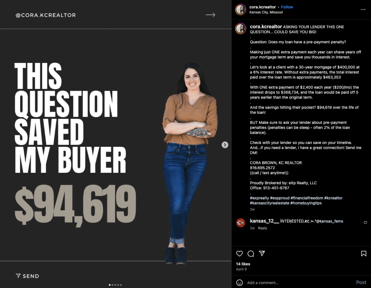 Screenshot of an Instagram carousel post with the text "This question saved my buyer $94,619" and a full-body photo of the agent. The full story is in the description.
